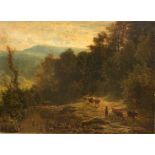 English School (19th century): A panoramic river landscape with figures & cattle before mountains,