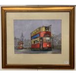 Two pictures of trams to include a watercolour, 33 x 45 cm,