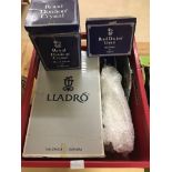 A box of ceramics and glassware to inc a boxed Lladro figure