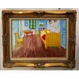 An oil on canvas depicting a bedroom scene after Van Gogh, signed,