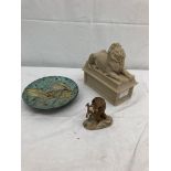 Three Oriental items to inc a fish plate, monkey,