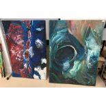 Two large unsigned abstract oils on board, unframed,