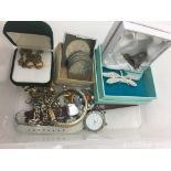 A box of costume jewellery to inc gold-plated necklaces,