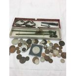 A quantity of items to inc jade chopsicks, small erotic African bronze, silver coins,
