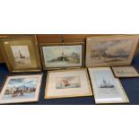 Seven original watercolours of seascapes and harbour scenes to inc 19th century examples,