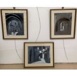 Three monochrome gouache studies of street scenes in Tetuan & Tanger,