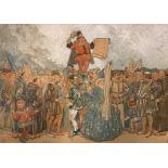 Attributed to Walter Crane (1845-1915): A medieval crowd scene with town crier, ink & gouache,