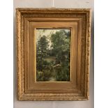 A 19th century landscape oil on board depicting an angler in a wooded landscape,