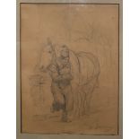 Wilhelm Altheim (German, 1871-1914): A cavalryman with his horse in winter, pencil study,