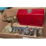 Brass animals and a jewellery box and contents