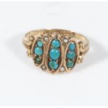 A late Victorian 15ct gold ring set with turquoise and seed pearls, size M