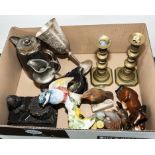 A box of assorted metal ware and pottery animals