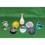 Five glass paper weights and other items