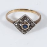 An 18ct gold ring set with a sapphire and diamonds size L