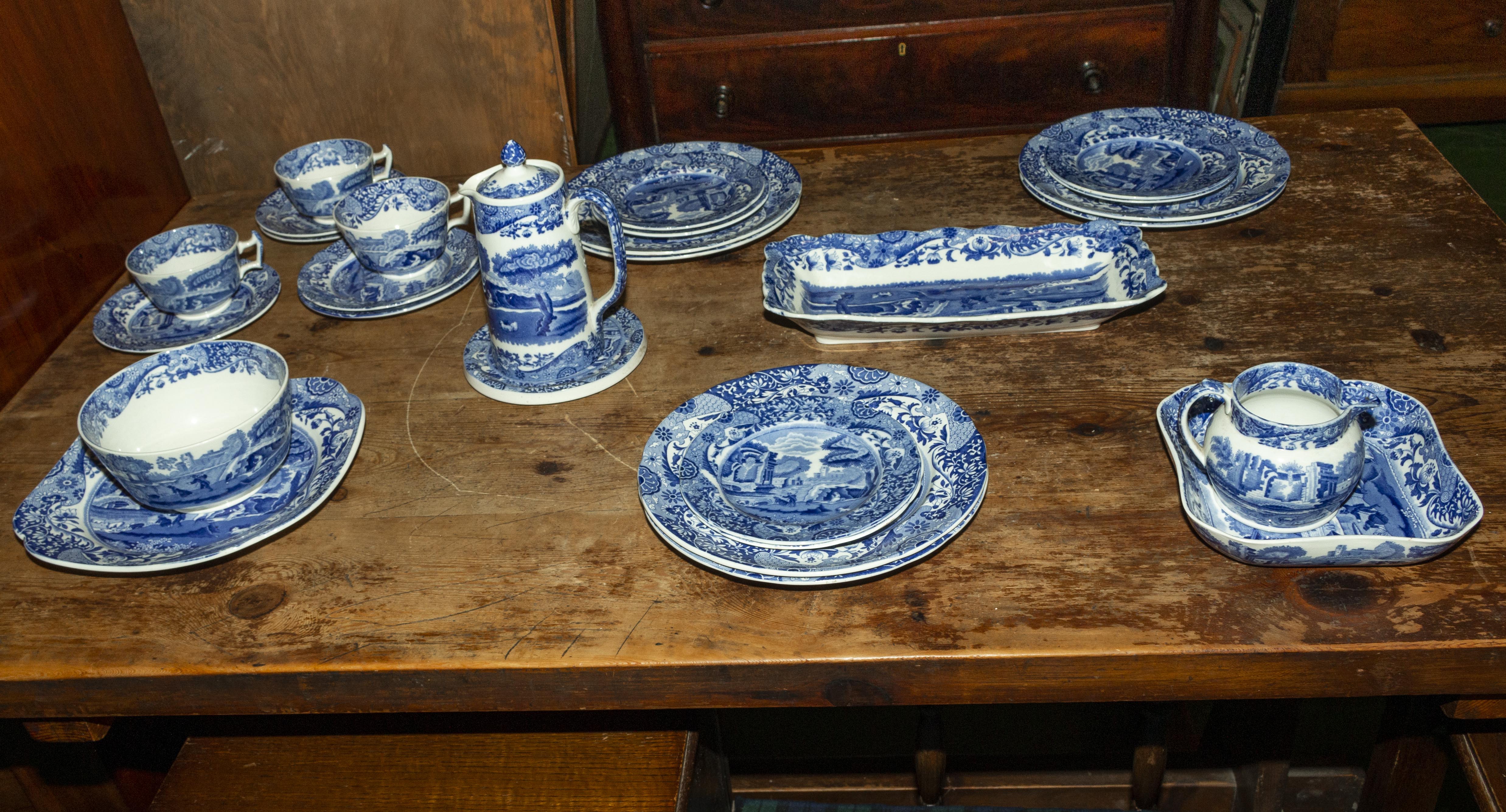 A collection of blue and white transfer printed table ware