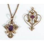 Two 9ct gold pendants set with amethyst and a 9ct gold chain