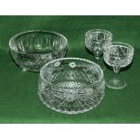 Two crystal glass fruit bowls and two glasses