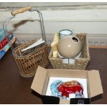 A wine basket and assorted pottery items