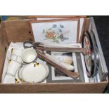 A box containing assorted pottery and prints
