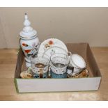A Doulton tray, two china cups and saucers, white glass vase and others