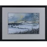Myra Larson - Framed watercolour and ink 'Ruberslaw Frost'