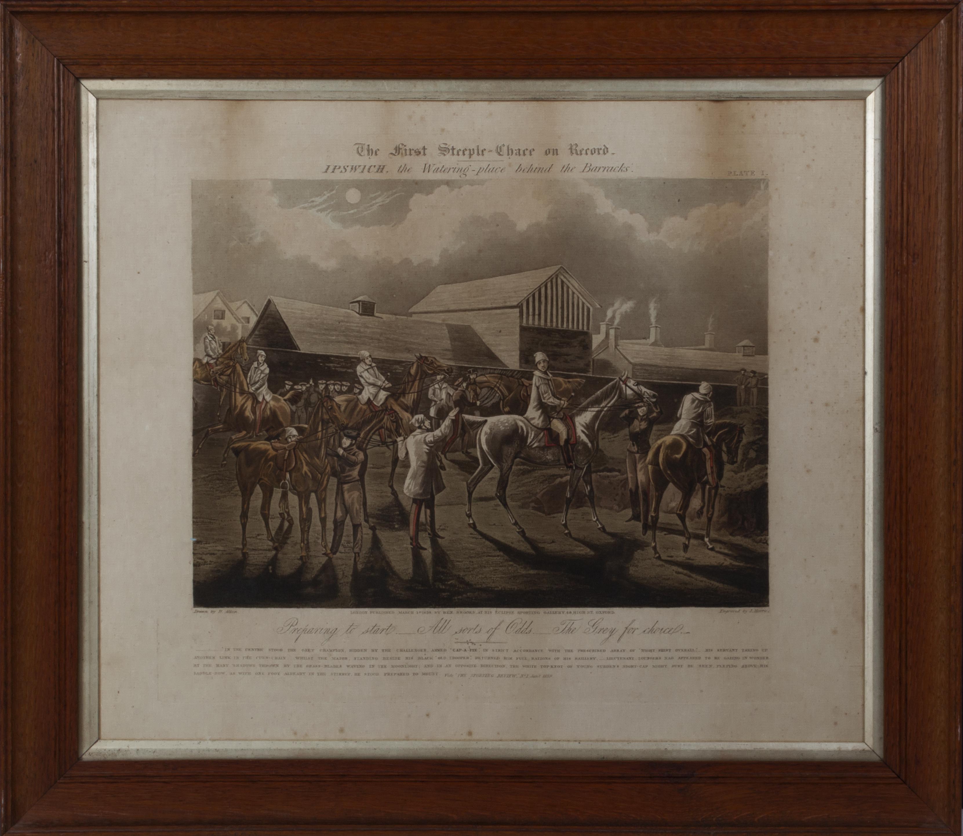 Four oak framed coloured aquatint prints 'The First Steeple Chase on Record' drawn by H Alkin and - Image 2 of 5