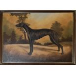 A framed 20th century oil on canvas of a greyhound size 90cm x 110cm