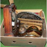 A box of wooden items and clock