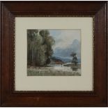An oak framed watercolour depicting a river scene, signed J Miller 1912