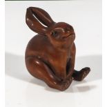 Hand carved hardwood netsuke of a hare, signed