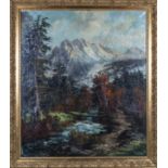 Rohr Hecker - gilt framed oil on canvas depicting a river and mountain scene, signed with location