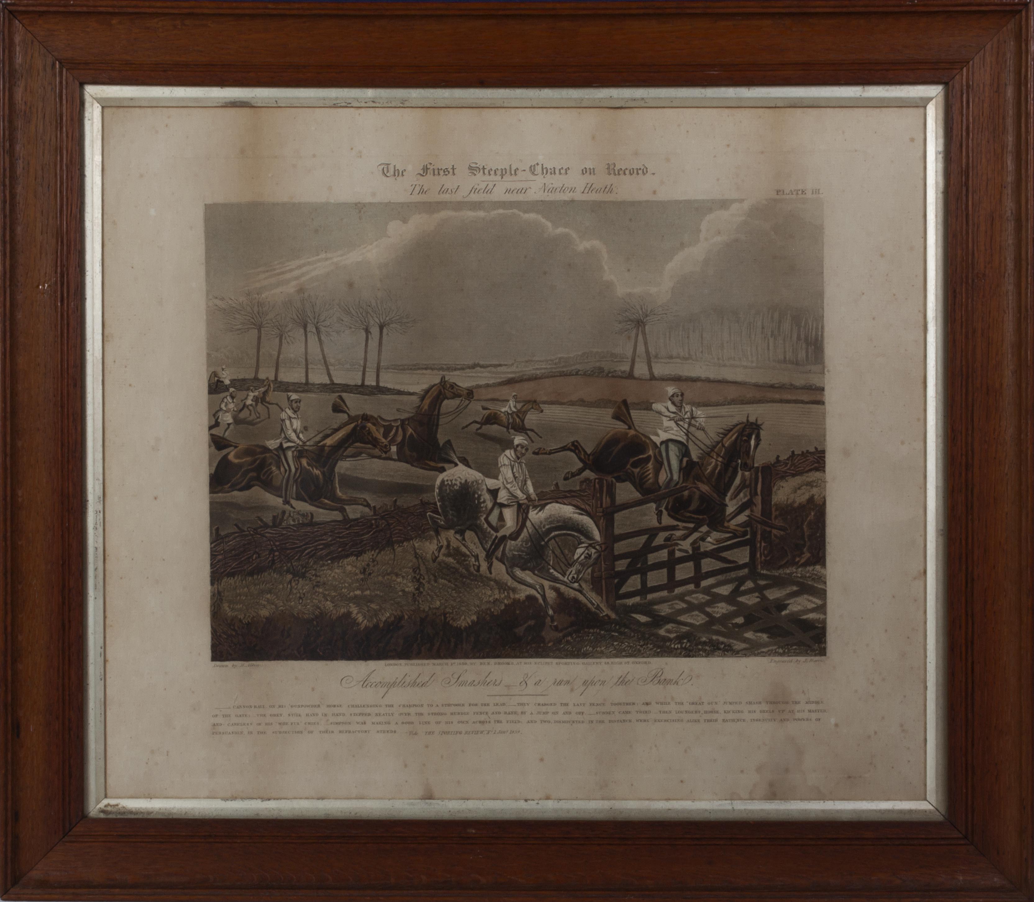 Four oak framed coloured aquatint prints 'The First Steeple Chase on Record' drawn by H Alkin and - Image 4 of 5