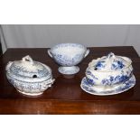 A blue and white toddy bowl and to lidded tureens