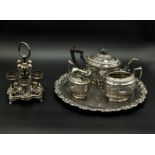 Silver plated tray, three piece tea service and eggcup stand
