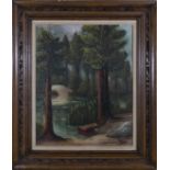 A framed oil on canvas depicting a tree lined river scene, signed Anna Sierra