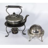 A silver plated spirit kettle and a muffin dish