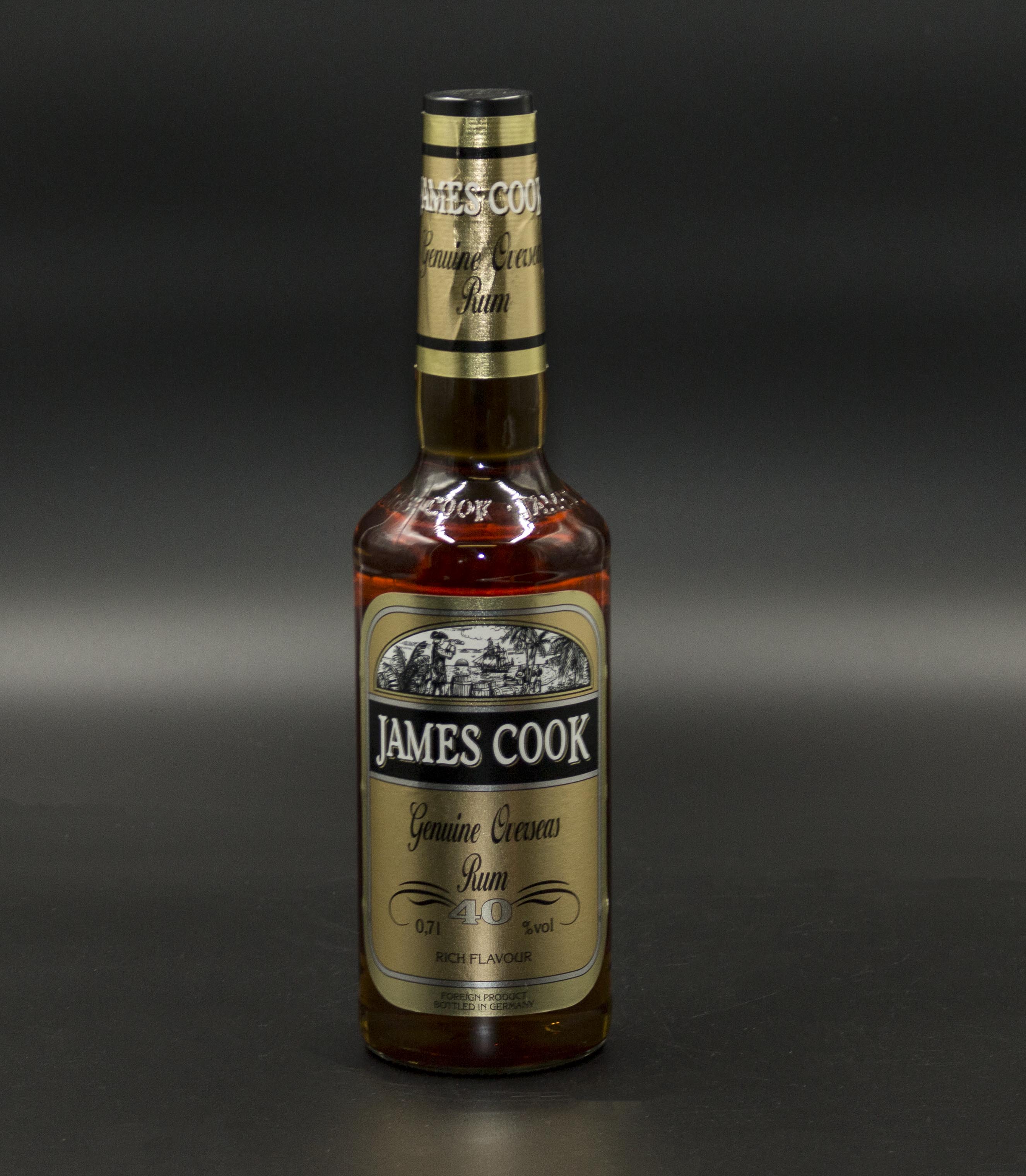 A bottle of James Cook Genuine Overseas Rum, 40% proof