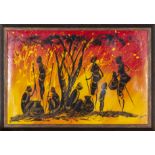 A framed oil on canvas of an African scene