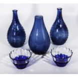 Five pieces of blue art glass