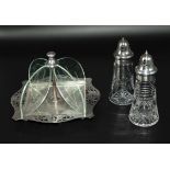A silver plated cake stand and a cruet