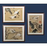 Three Chinese paintings on silk depicting red headed cranes signed