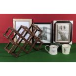 A wine rack, three prints and two pieces of enamel ware