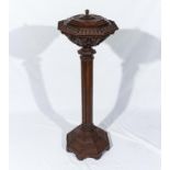 Arts and Crafts finely carved oak font with lid, brass bowl insert and dedication carved on the lid