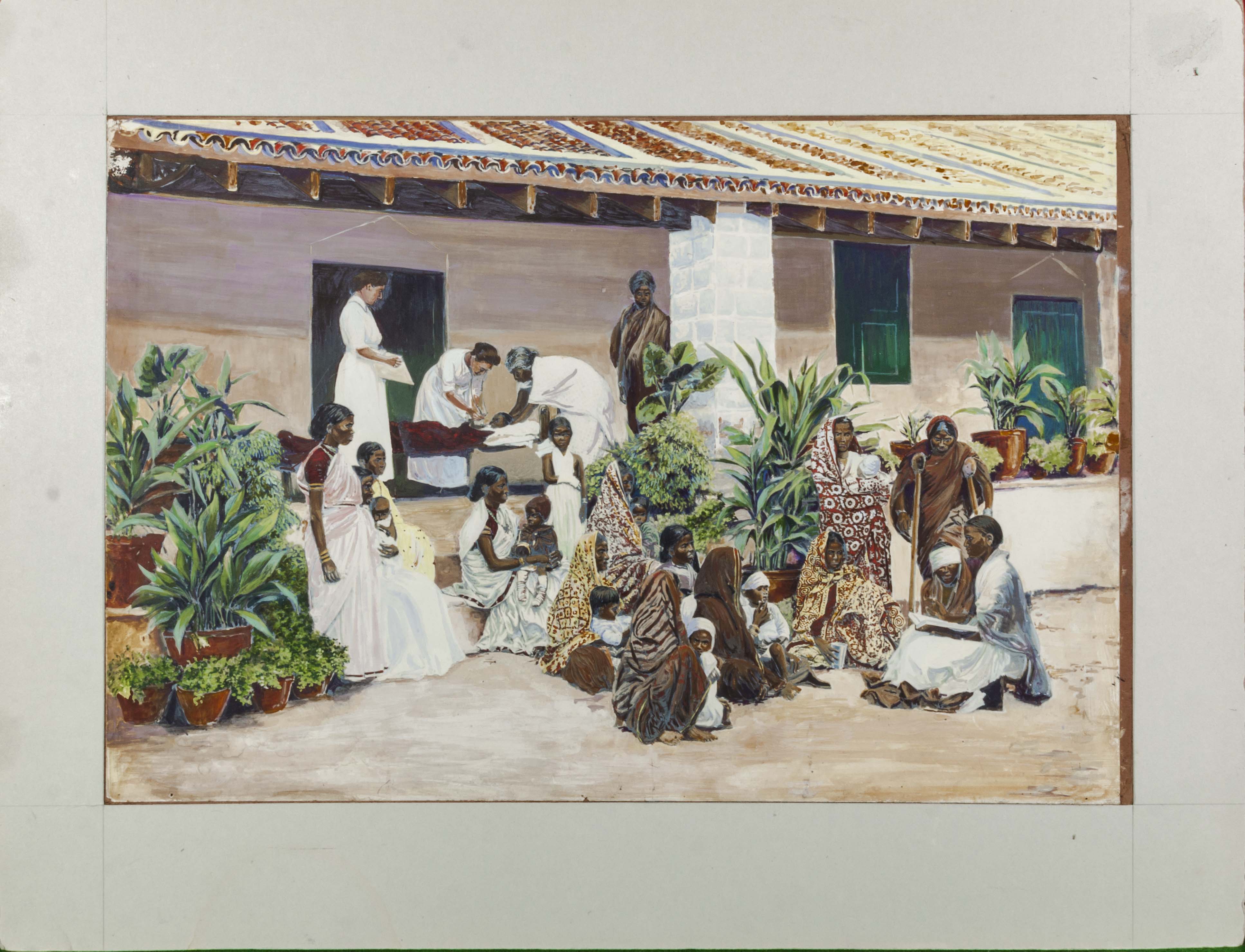 Indian watercolour drawing of a village doctors surgery, unframed 21" x 27"