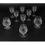 Three crystal brandy glasses and six port glasses