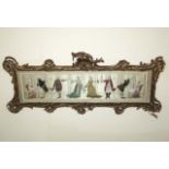 A large Regency silk of dancing figures in guilt frame approx 4ft 4inch by 2 ft.