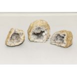 Three quartz crystal geodes