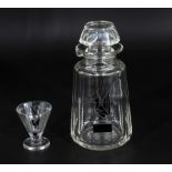 Glass Art Deco French cocktail shaker with shaped pouring lip and lid with glass engraved to the