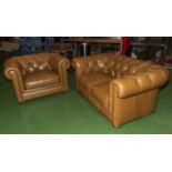 A two seater tan leather Chesterfield sofa and a matching armchair