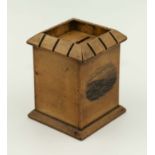 Treen money box in the form of a castellated building with transfer print to body of Whitehaven.